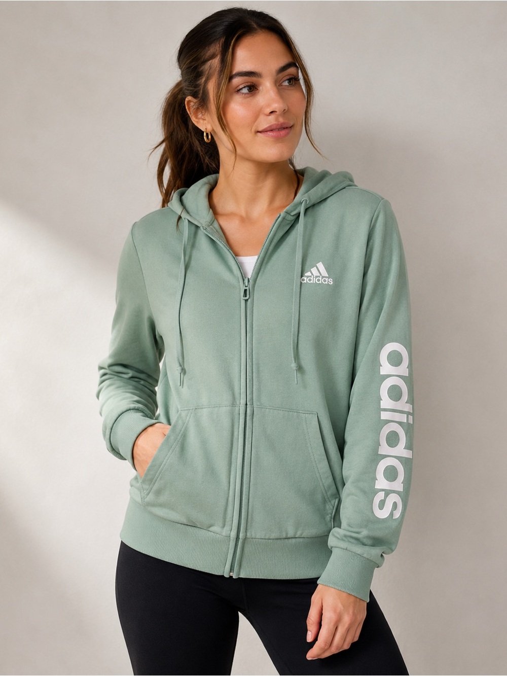 Adidas Women’s Full Zip Hoodie Sage Green White Logo Sleeve Medium